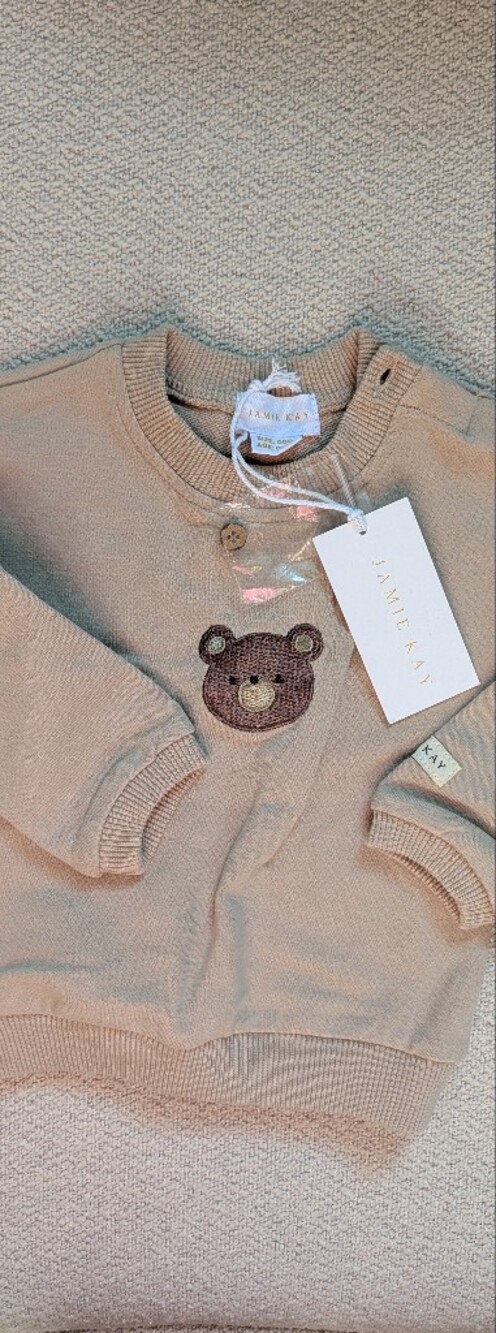 Jamie Kay beige sweatshirt with brown bear patch 0-3m